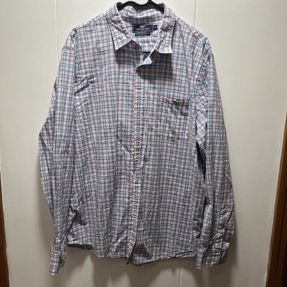 Vineyard Vines Men's Slim Tucker Shirt Size XL Blue Pink Gingham Check Logo